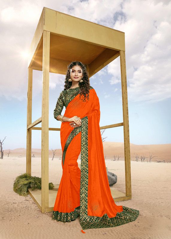 Self Design, Embroidered, Embellished Kalamkari Art Silk Saree  (Green, Orange)
