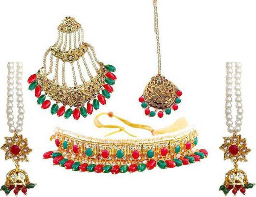 Mother of Pearl, Crystal Gold-plated Ruby Red, Green Jewel Set  (Pack of 1)