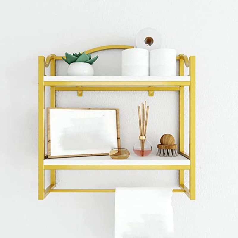 DDecorware Bathroom Storage Wall Mount Shelf with Towel Hanger Cast Iron, Wooden Wall Shelf  (Number of Shelves - 3, Gold)