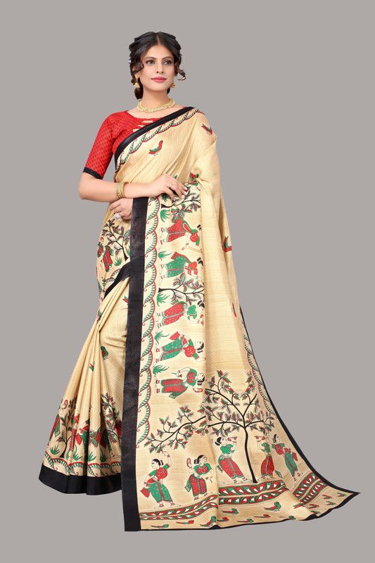 Printed Banarasi Art Silk Saree  (Black, Beige)