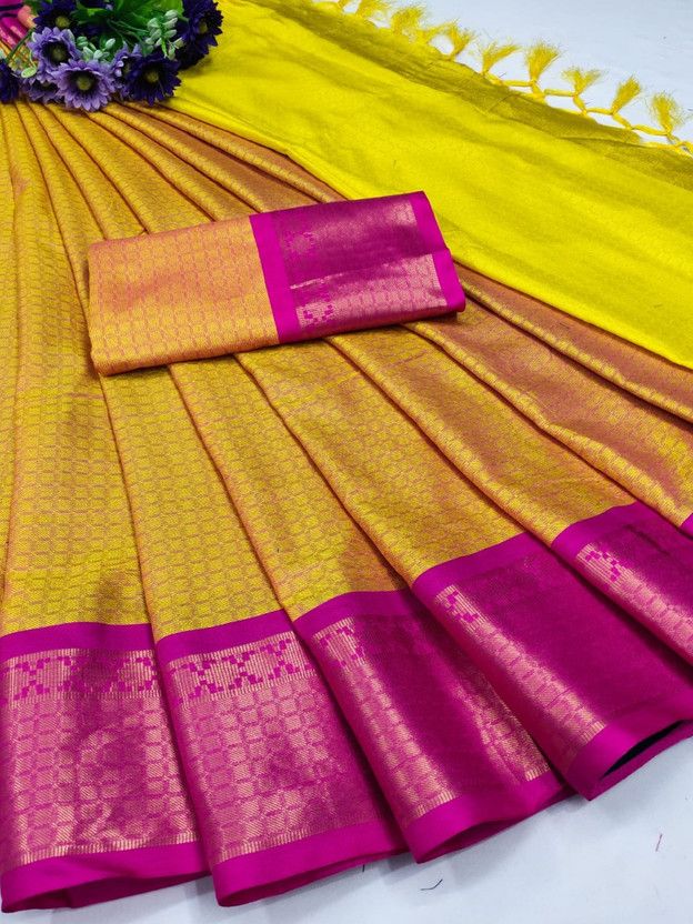 Woven Mysore Cotton Silk Saree  (Gold, Pink)