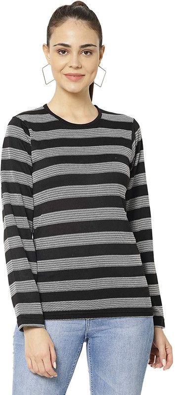 Women Striped Round Neck Polyester Black T-Shirt