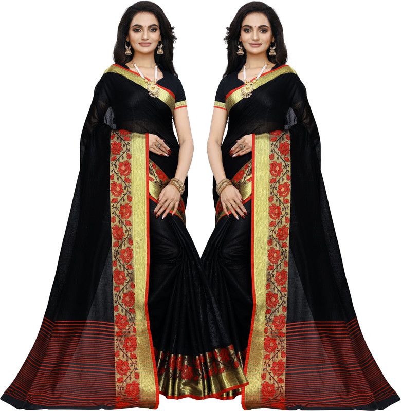 Printed Bollywood Silk Blend Saree  (Pack of 2, Gold, Black)