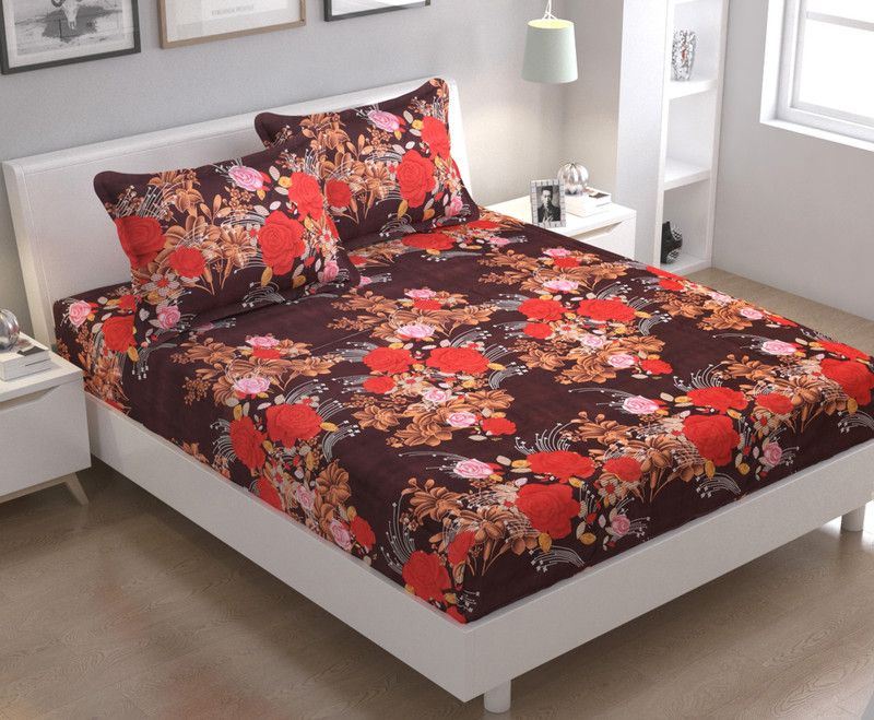 Homestar 104 TC Microfiber Double Floral Flat Bedsheet  (Pack of 1, Brown)