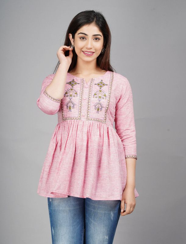 Casual Embroidered Women Pink Top