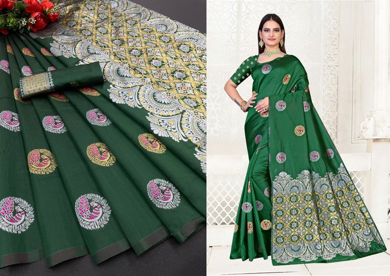 Woven Kanjivaram Cotton Linen, Cotton Silk Saree  (Dark Green)
