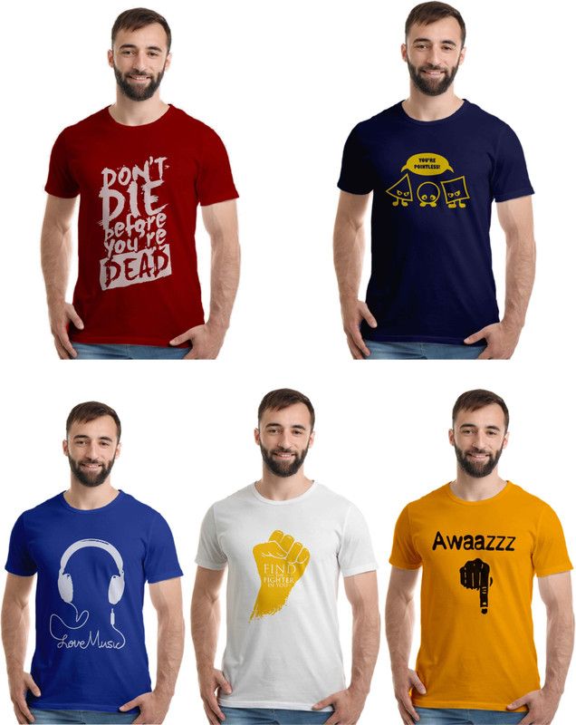 Pack of 5 Men Printed Round Neck Pure Cotton Maroon, Dark Blue, Light Blue, White, Gold T-Shirt