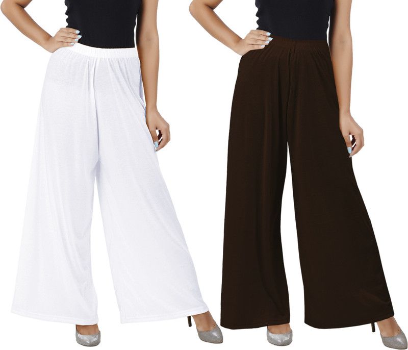 Pack of 2 Women Flared White, Brown Cotton Blend Trousers