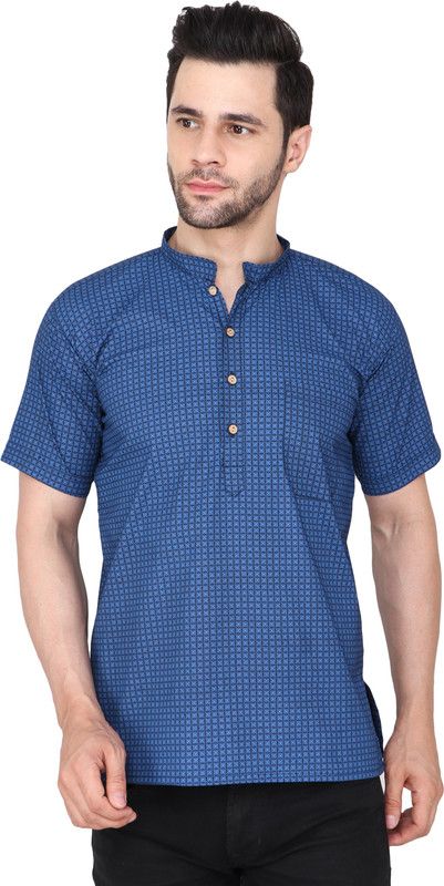 Men Checkered Pure Cotton Straight Kurta  (Dark Blue, Black)