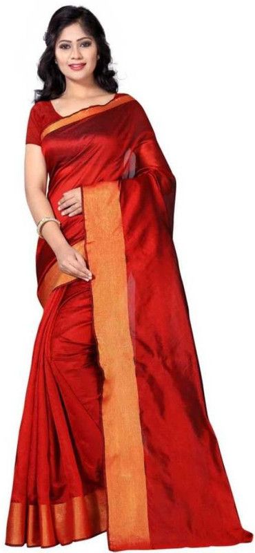 Solid Fashion Cotton Blend Saree  (Red)