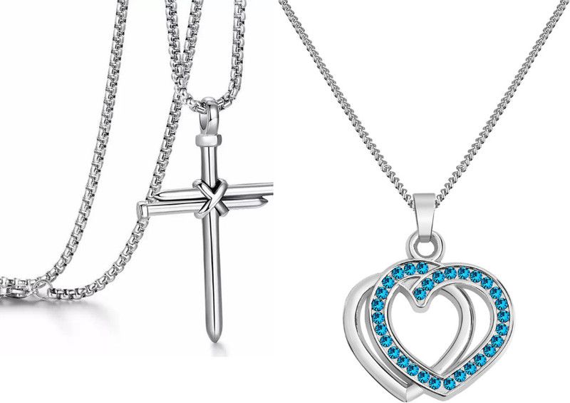 (Pack Of 2) Heart Pendant And Cross Pendant For Girls And Boys Alloy Necklace Set