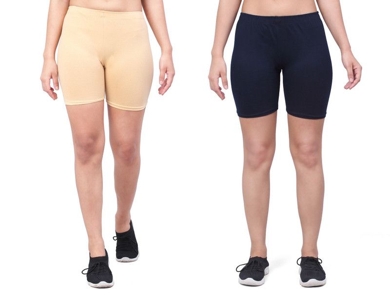 Pack of 2 Solid Women Beige, Blue Cycling Shorts