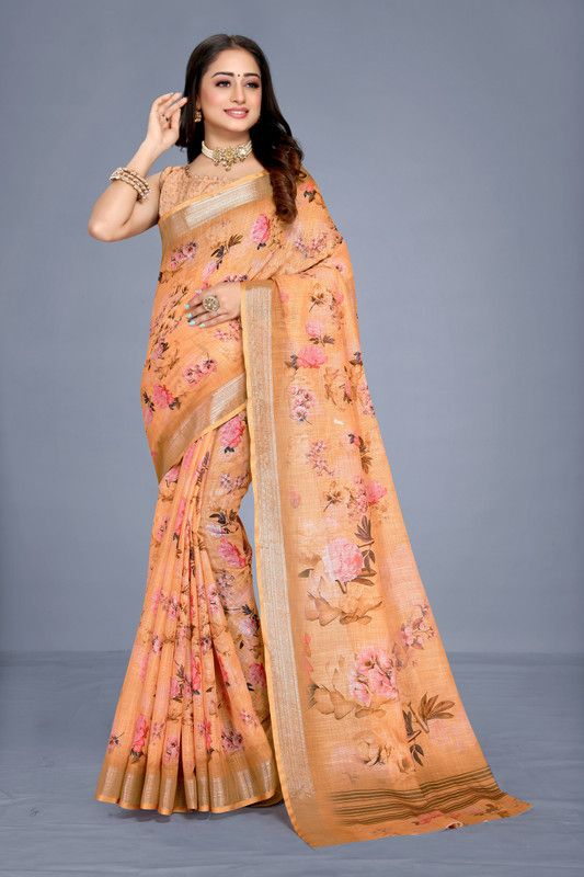 Floral Print Bollywood Linen Saree  (Multicolor, Orange)