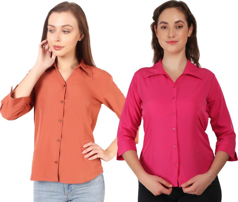 Women Solid Casual Pink, Orange Shirt  (Pack of 2)