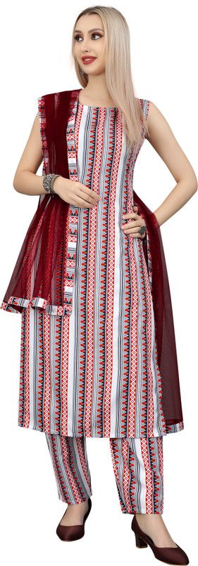 Women Printed Crepe Straight Kurta With Attached Dupatta  (Red)