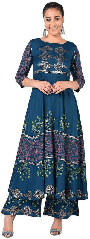 Women Floral Print Rayon A-line Kurti  (Blue)