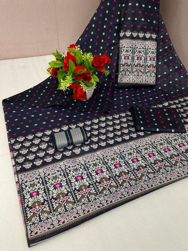 Embellished, Embroidered, Self Design, Woven Mekhela Chador Chanderi, Cotton Silk Saree  (Dark Blue, White)