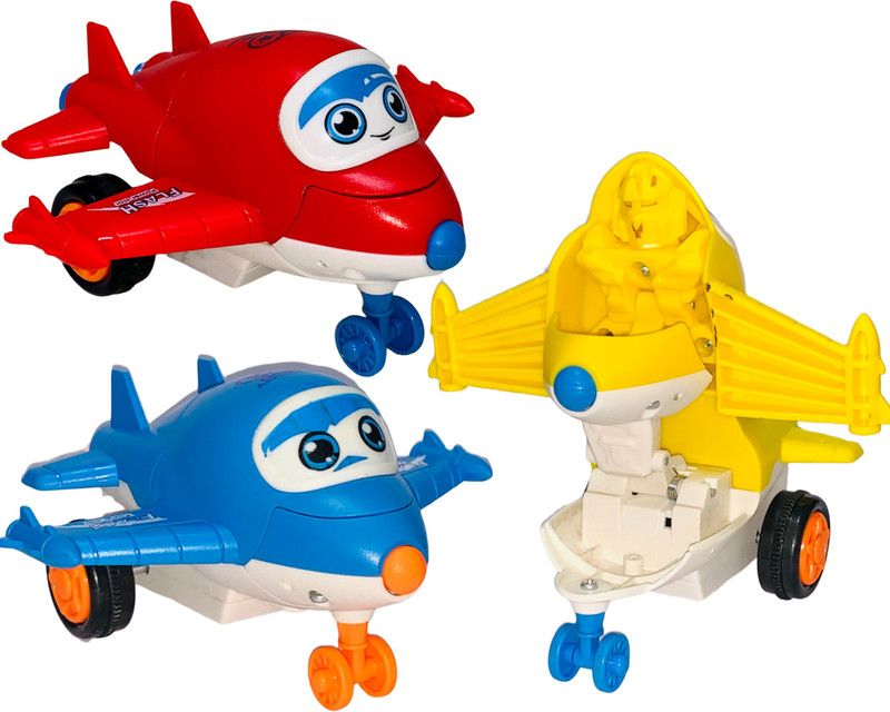 Wishmaster Pack Of 3 Small Size Transform Robot Push & Go Toy Plane For Kids 2 , 3 ,4+ Year  (Red, Blue, Yellow, Pack of: 3)