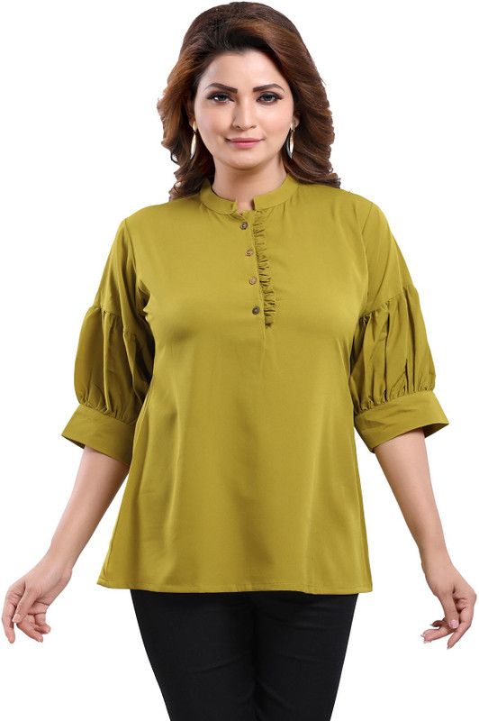 Casual Balloon Sleeve Solid Women Green Top