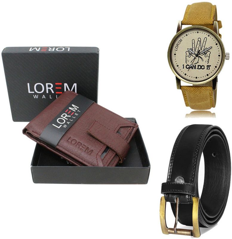 LOREM Belt, Wallet & Watch Combo  (Maroon, Black, Yellow)