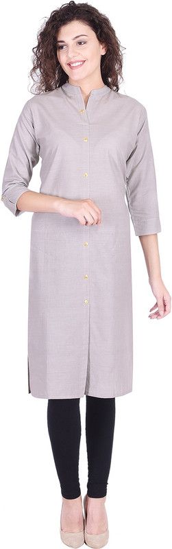 Women Solid Pure Cotton Frontslit Kurti  (Grey)