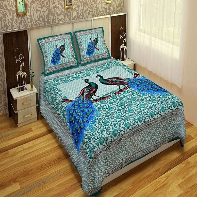 VHD 280 TC Cotton Double Printed Flat Bedsheet  (Pack of 1, Light Blue)