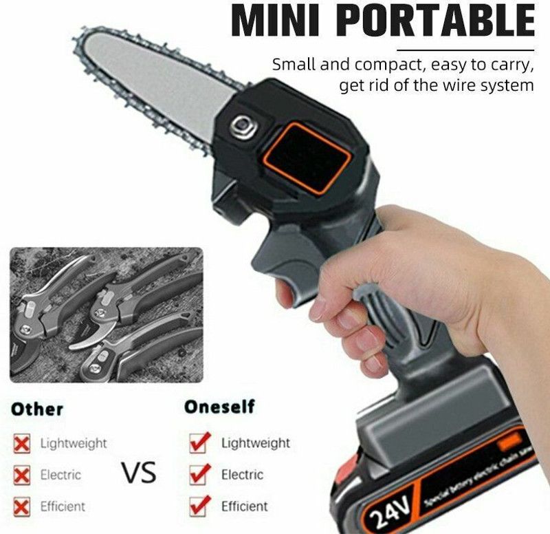 AS TOOL CENTER 4" 88V1200W Mini Chainsaw Protable Electric Cutting Machine Rechargeable Battery 2PC Battery Woodwork Pruning Onehanded Corded & Cordless Chainsaw