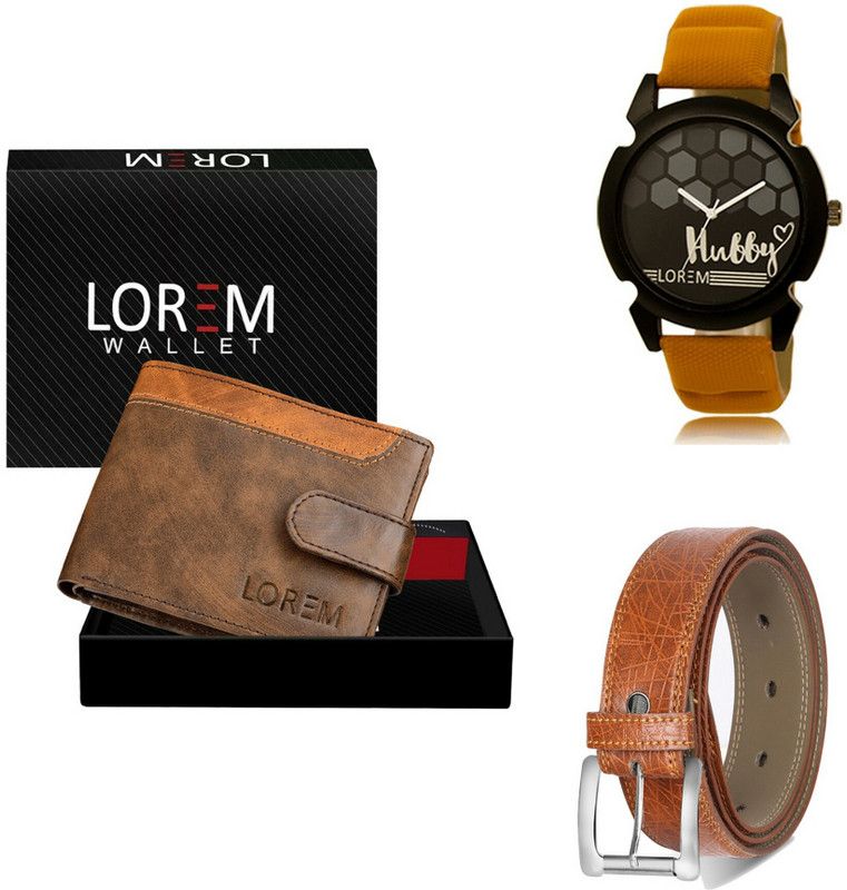 LOREM Belt, Wallet & Watch Combo  (Brown, Orange, Orange)
