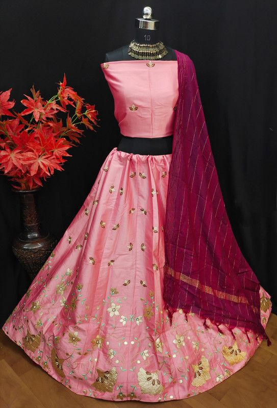 Embroidered Stitched Lehenga Choli  (Pink)