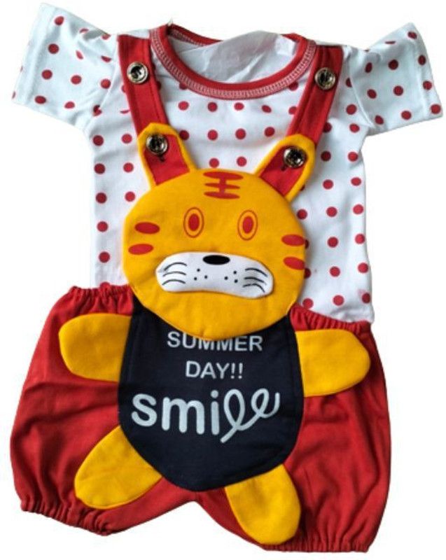 Dungaree For Baby Boys & Baby Girls Casual Printed Hosiery  (Red, Pack of 1)