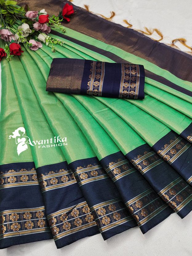 Printed, Solid/Plain Banarasi Art Silk, Cotton Silk Saree  (Blue, Light Green)