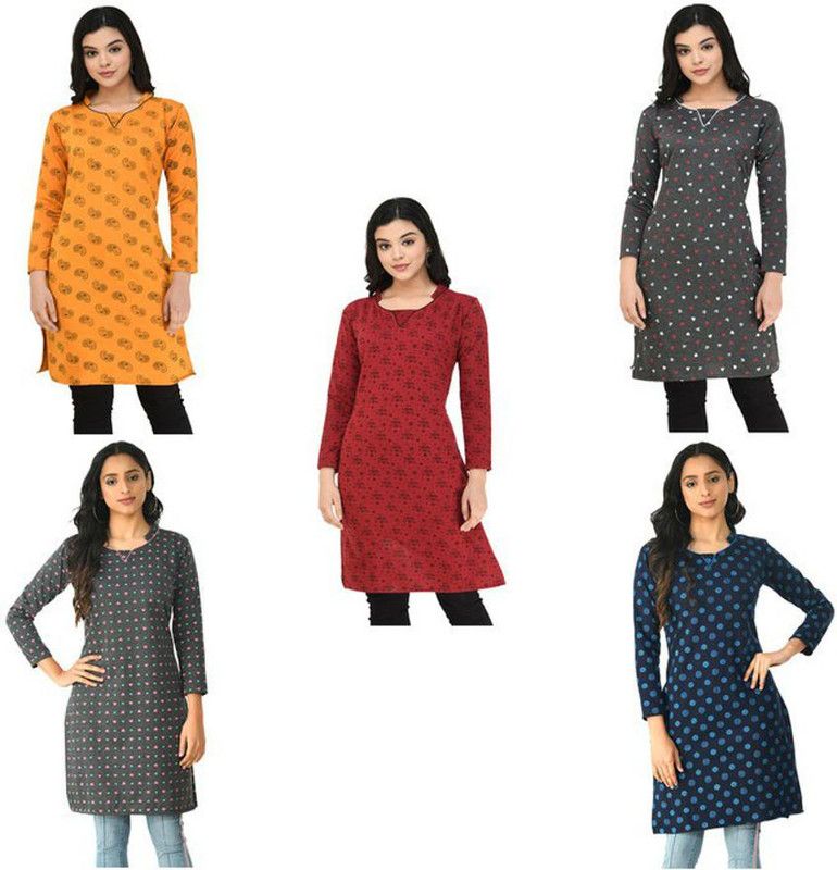 Pack of 5 Women Floral Print Wool A-line Kurta  (Multicolor, Light Blue, Grey)