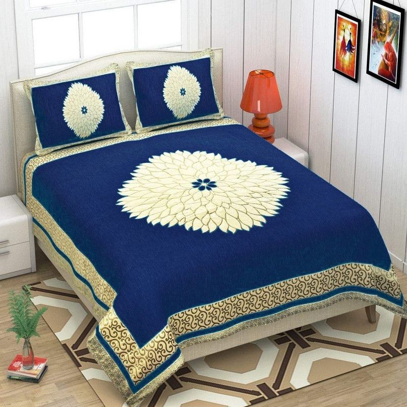 DC FABRICS 500 TC Velvet Double Floral Flat Bedsheet  (Pack of 1, Navy)