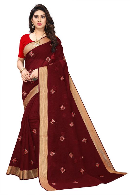 Embellished Bollywood Cotton Blend Saree  (Maroon)