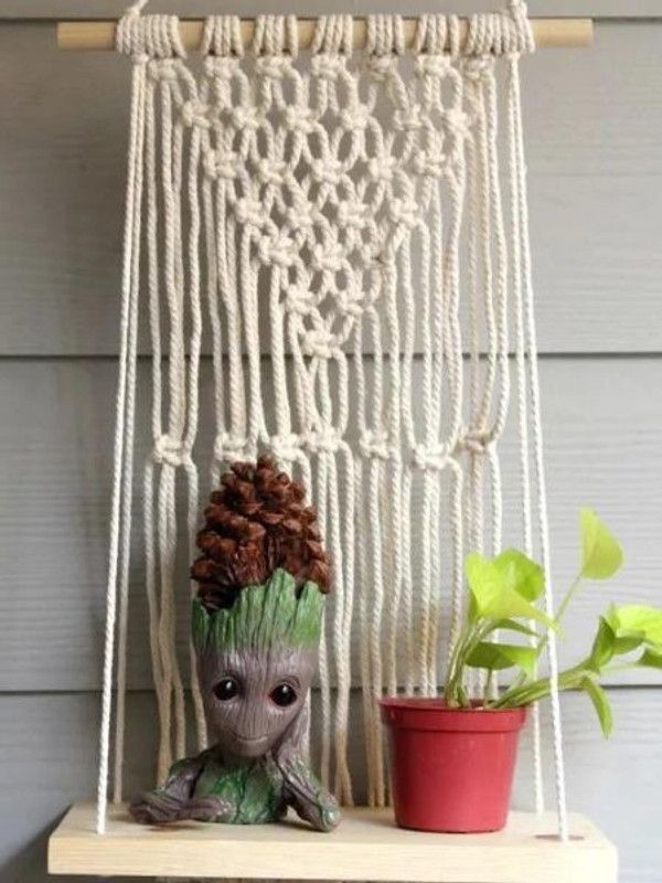SPT CRAFTS Macrame wooden Shelf, Plant hanging shelf  (White)