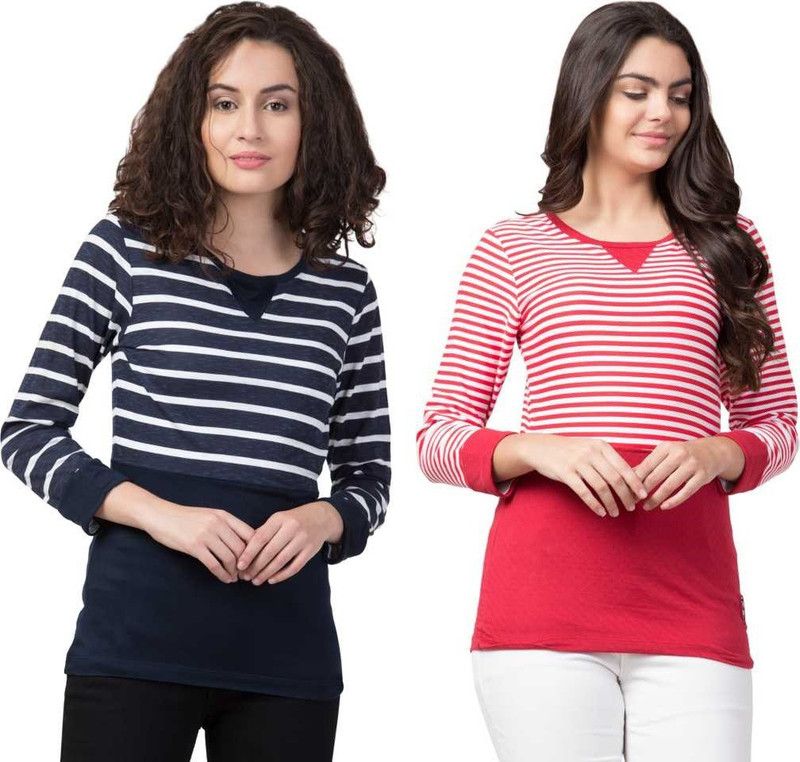 Pack of 2 Women Striped Round Neck Cotton Blend Red, Blue T-Shirt