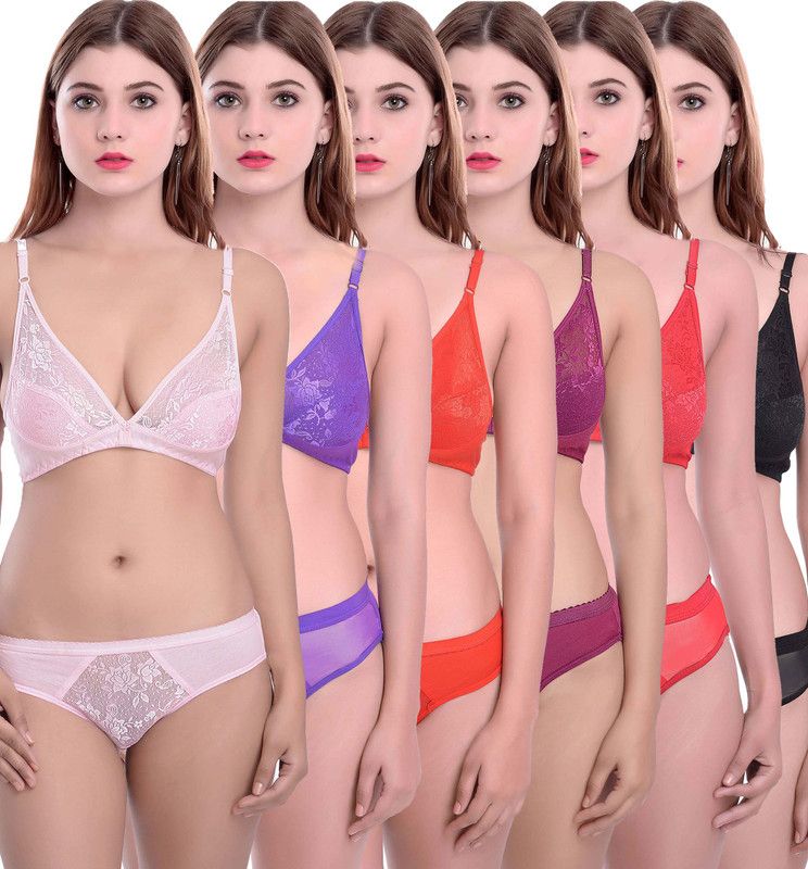 Bra & Panty Set Solid Pink, Purple, Orange, Maroon, Red, Black Lingerie Set
