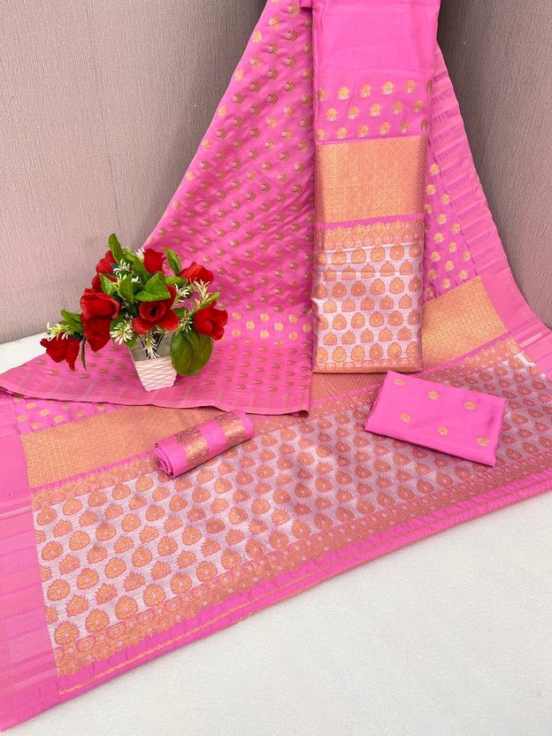 Embellished, Embroidered, Self Design, Woven Mekhela Chador Chanderi, Cotton Blend Saree  (Pink, Cream)