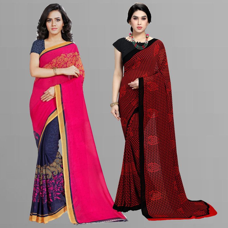 Printed Daily Wear Georgette Saree  (Pack of 2, Red, Blue, Pink, Black)