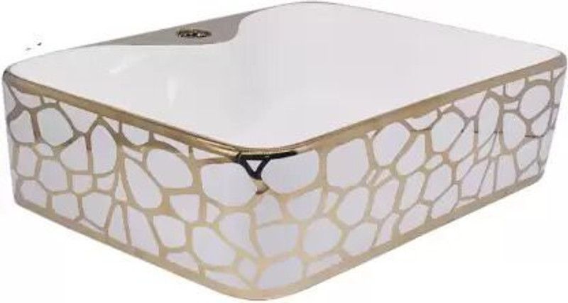 InArt Designer Ceramic Wash Basin/Vessel Sink/Over or Above Counter Top Wash Basin for Bathroom Rectangle Shape Gold White Color 19 x 15 x 5 Inch Table Top Basin  (White & Gold)