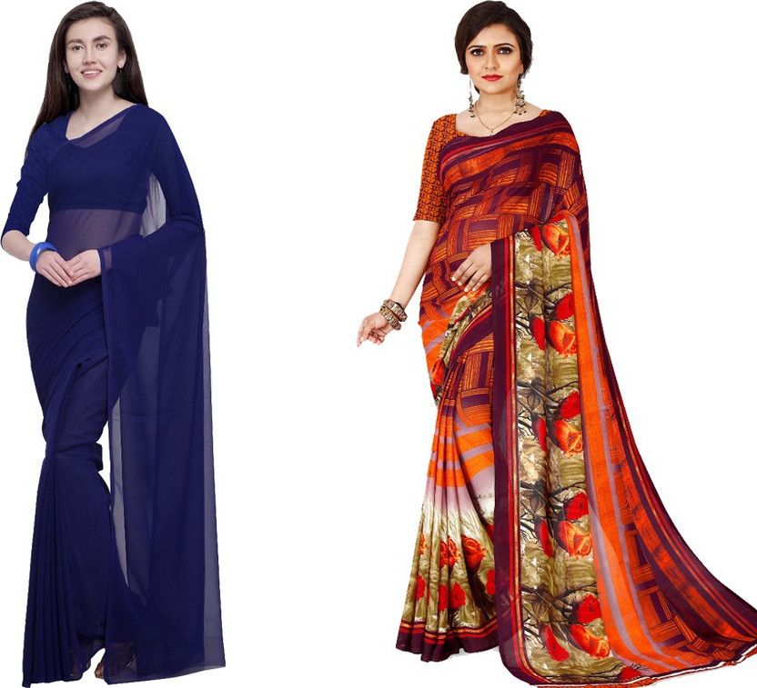 Printed Bollywood Georgette, Chiffon Saree  (Pack of 2, Blue, Orange)