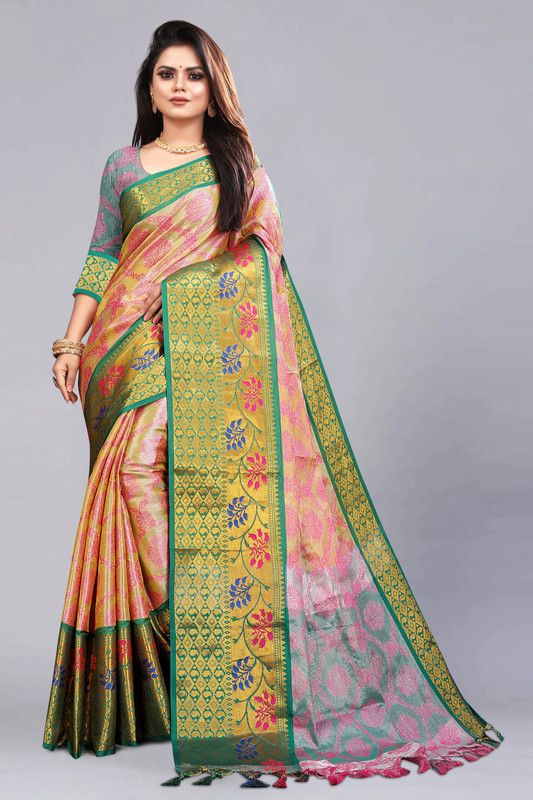 Embroidered, Self Design, Paisley, Dyed Bollywood Organza, Silk Blend Saree  (Pink)