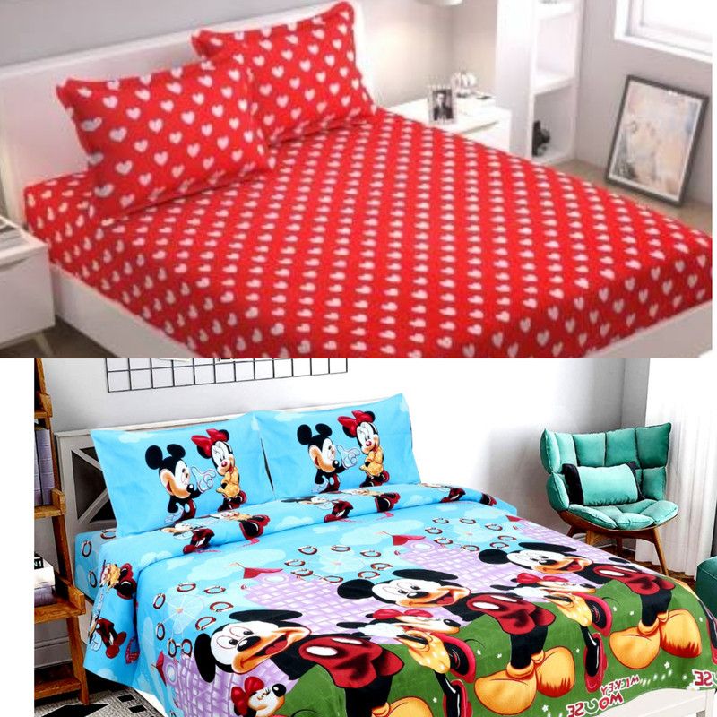 Soniasaa 185 TC Microfiber Double Cartoon Flat Bedsheet  (Pack of 2, Red:Blue)