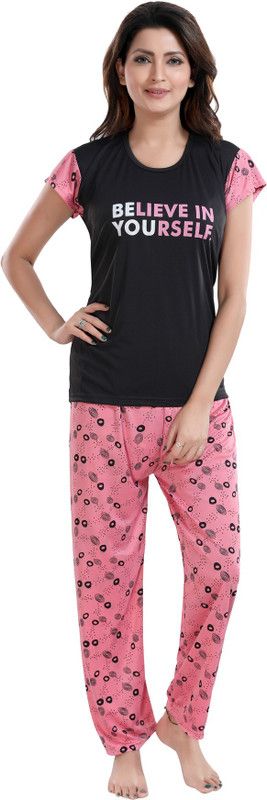 Women Night Suit Set Black, Pink Printed