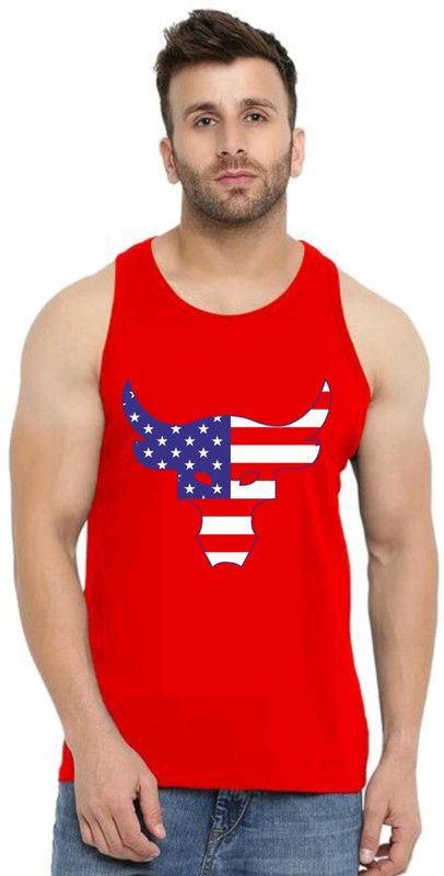 Vest Sando Men Printed Round Neck Cotton Blend Red T-Shirt