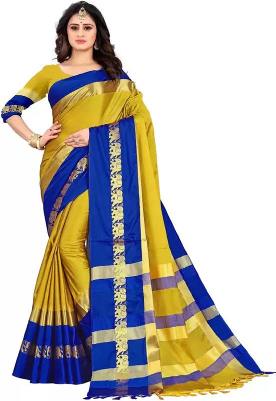 Woven Banarasi Cotton Blend Saree  (Yellow, Blue)