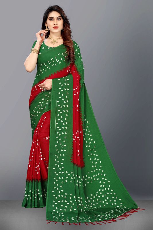 Printed Bandhani Tussar Silk Saree  (Red, Green)
