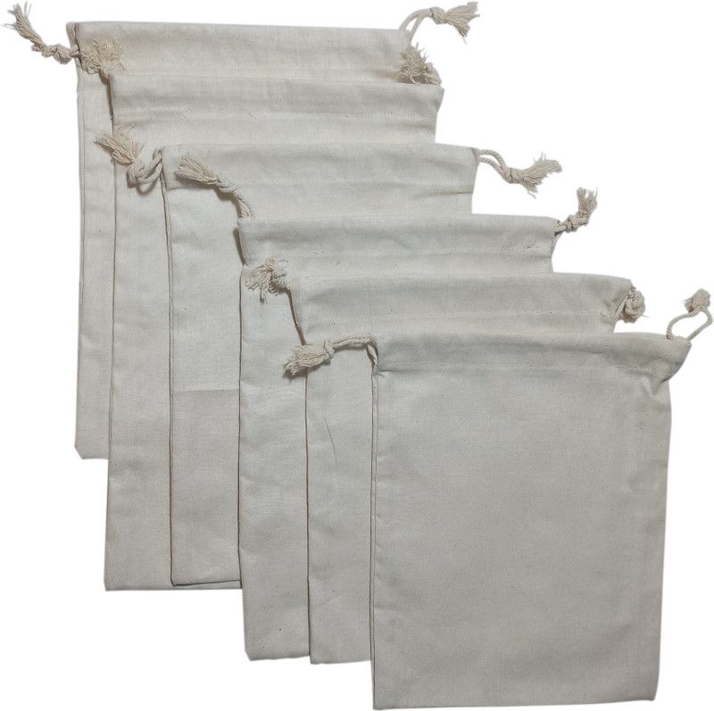 Productmine Vegetable Cloth Reusable Fridge Bags Double Draw String Pack of 6 Grocery Bags  (White)