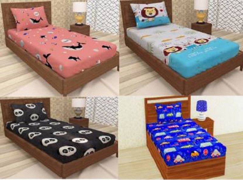 SINGHS VILLAS DECOR 160 TC Cotton Single Cartoon Flat Bedsheet  (Pack of 4, Multicolor)