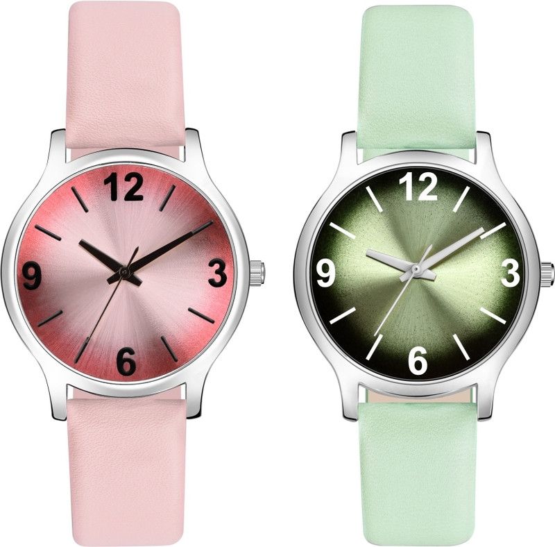 Pink & Green Leather Belt Round Dial Girls Analog Watch - For Women WH-351-352